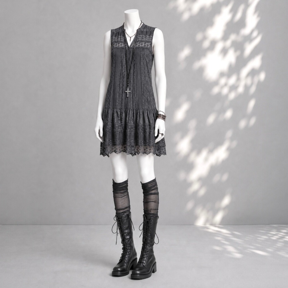 Rebecca Taylor Silk Mini Dress Gray Lace Whimsigoth Boho Shift Dress Sz 4 - Picture 2 of 9